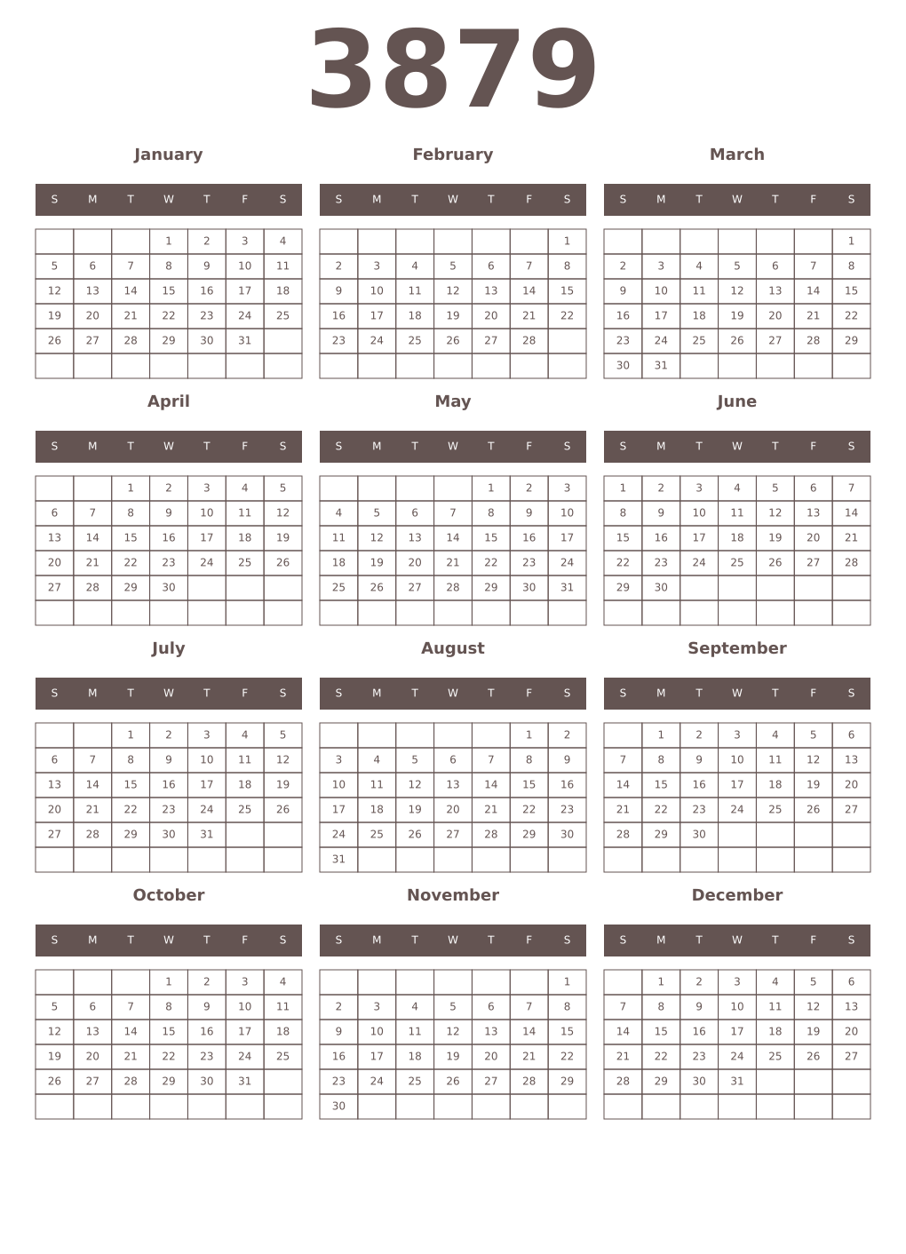 Printable 3879 Year Calendars wenge