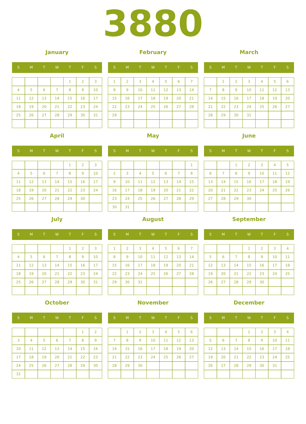 Printable 3880 Year Calendars chartreuse