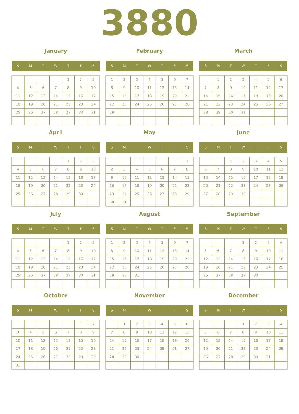 Printable 3880 Year Calendars eburnean