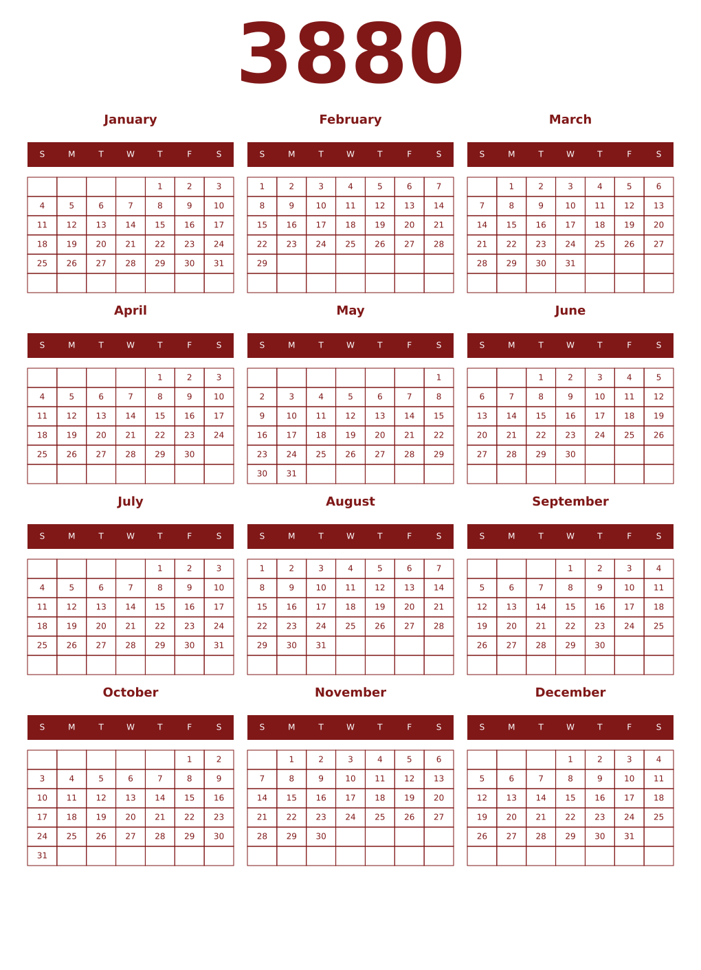 Printable 3880 Year Calendars falu