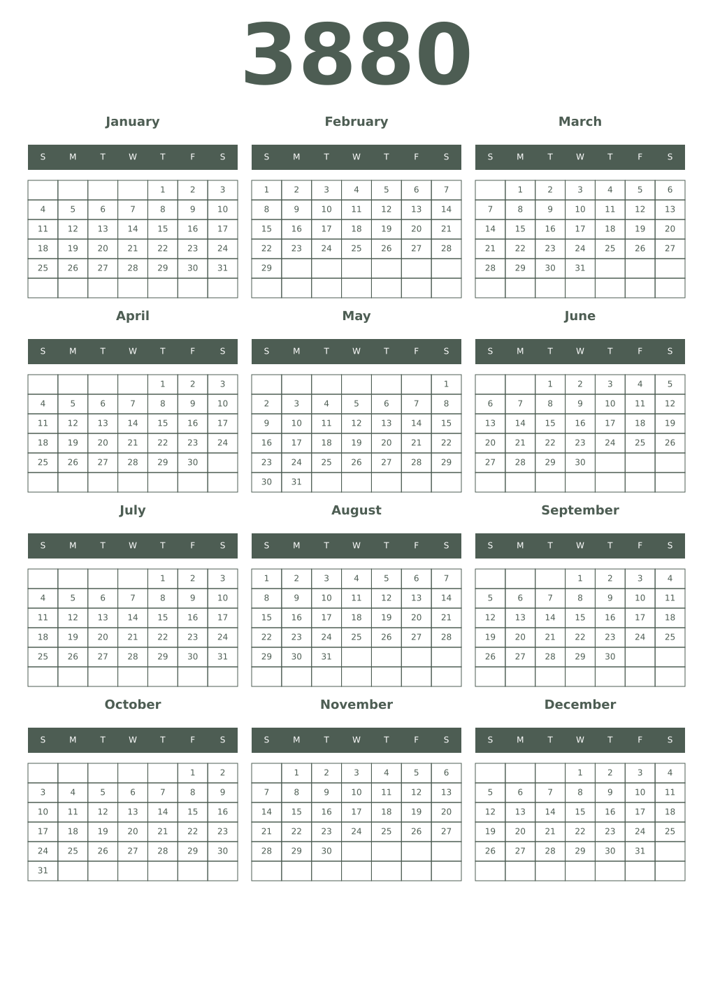 Printable 3880 Year Calendars feldgrau