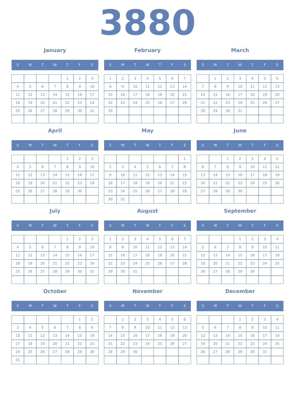 Printable 3880 Year Calendars glaucous