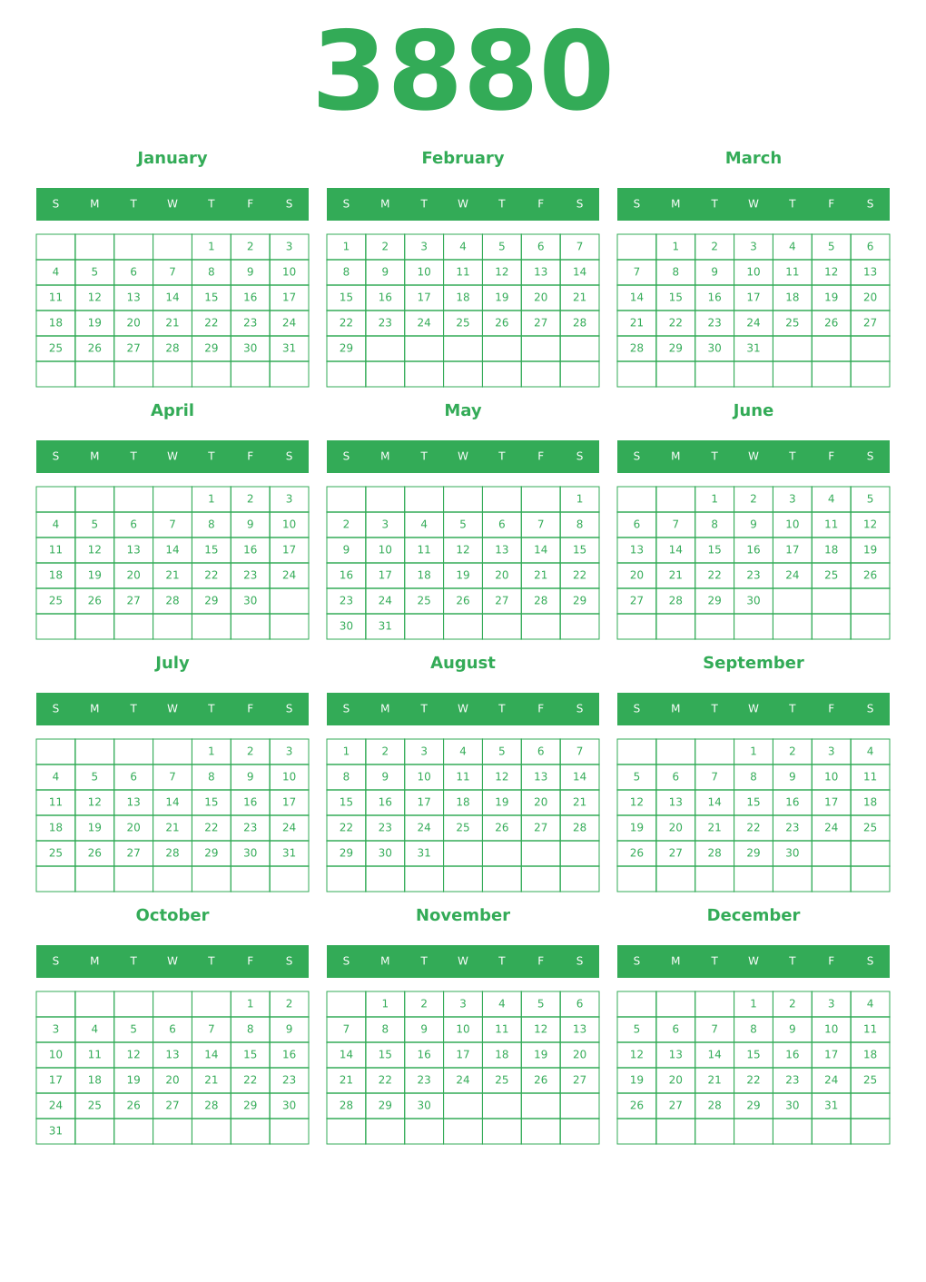 Printable 3880 Year Calendars green