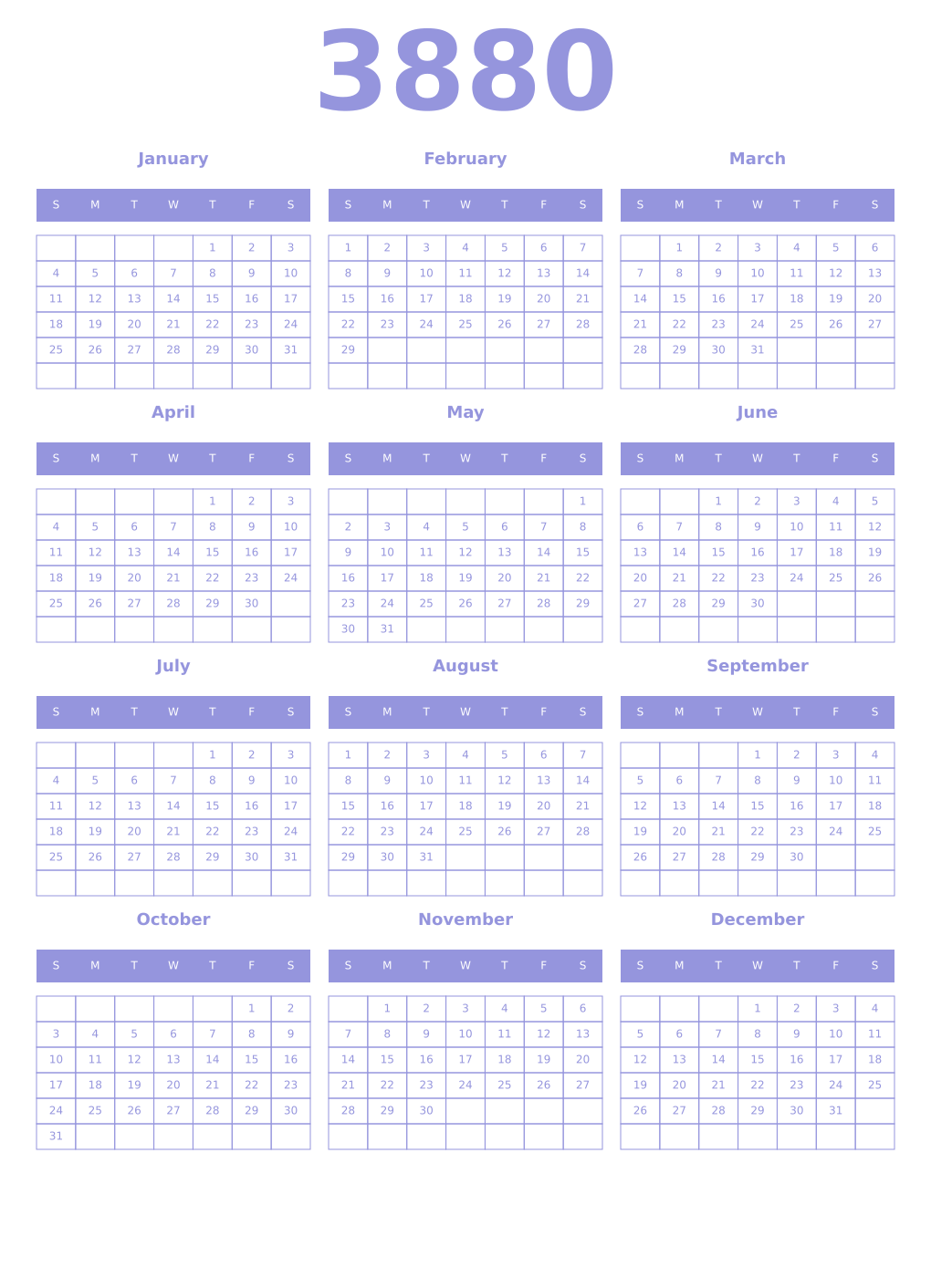 Printable 3880 Year Calendars periwinkle