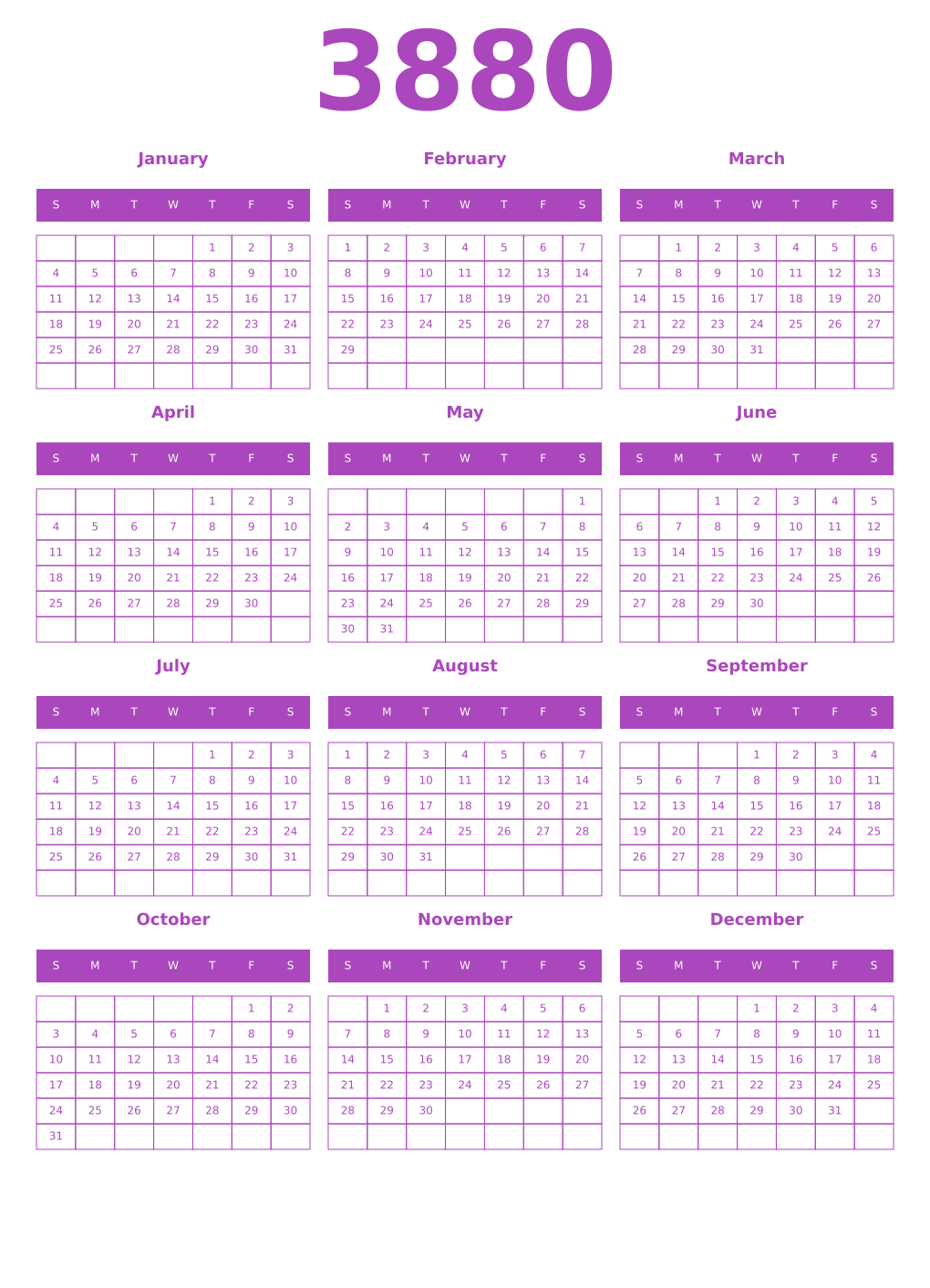 Printable 3880 Year Calendars purple