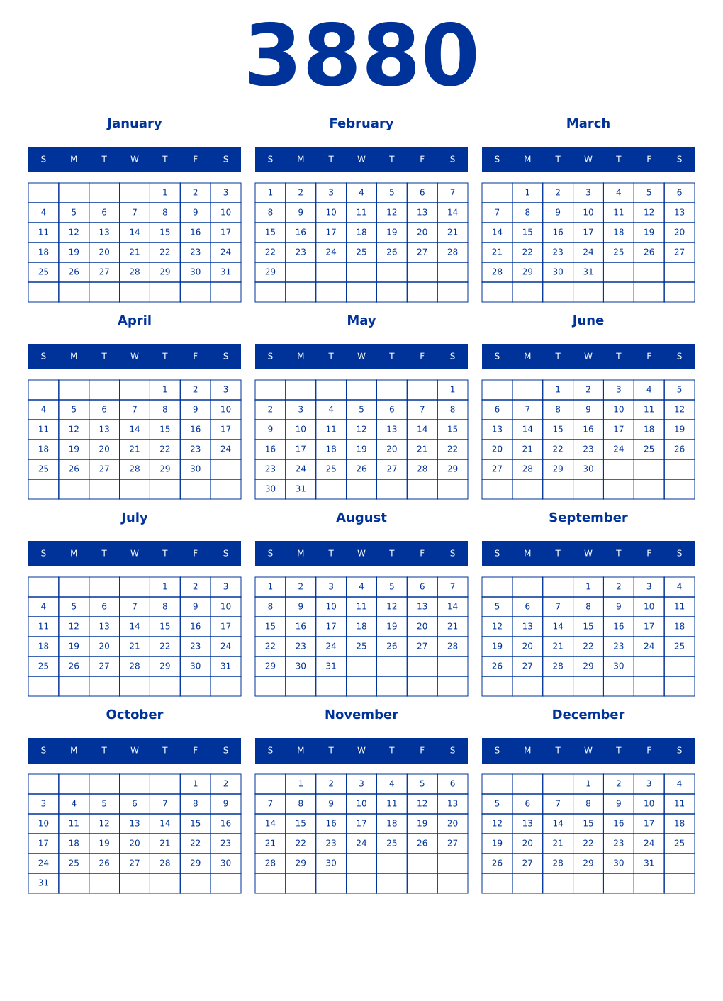 Printable 3880 Year Calendars smalt