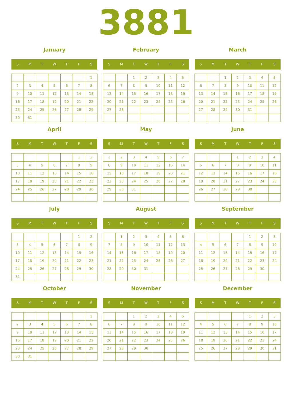Printable 3881 Year Calendars chartreuse