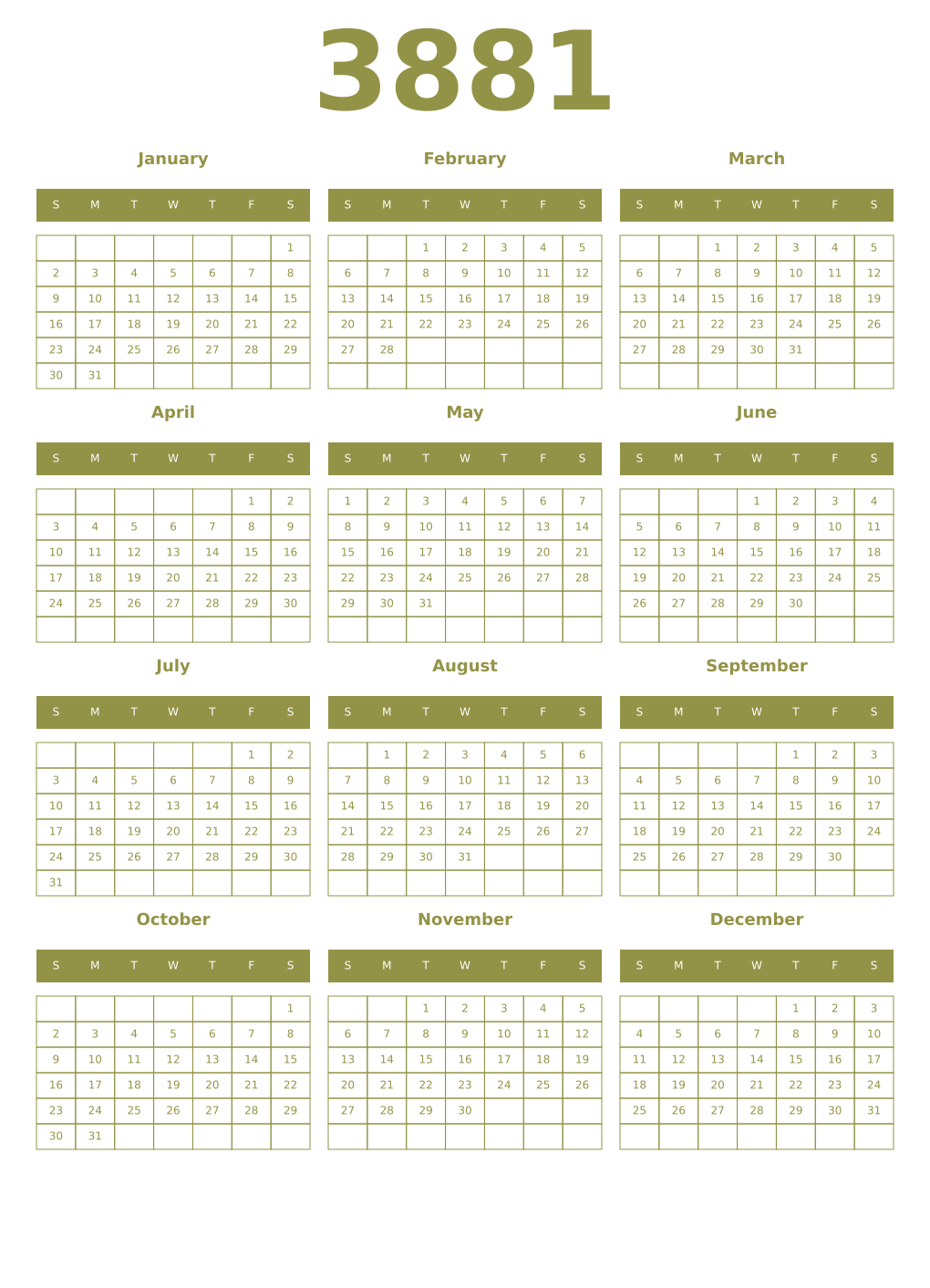 Printable 3881 Year Calendars eburnean