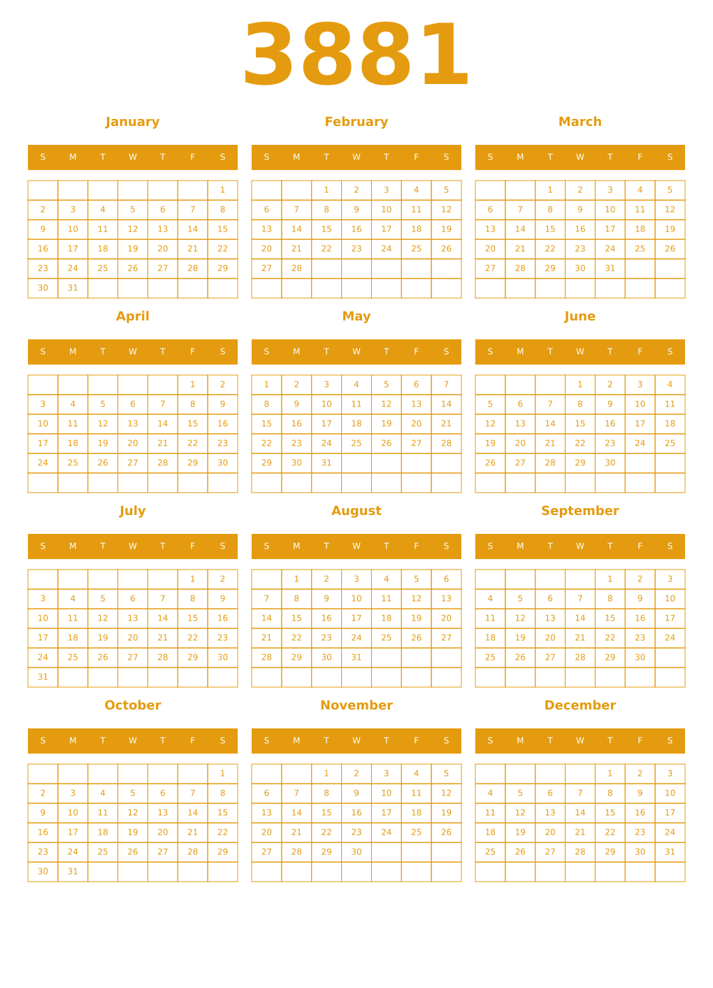 Printable 3881 Year Calendars gamboge