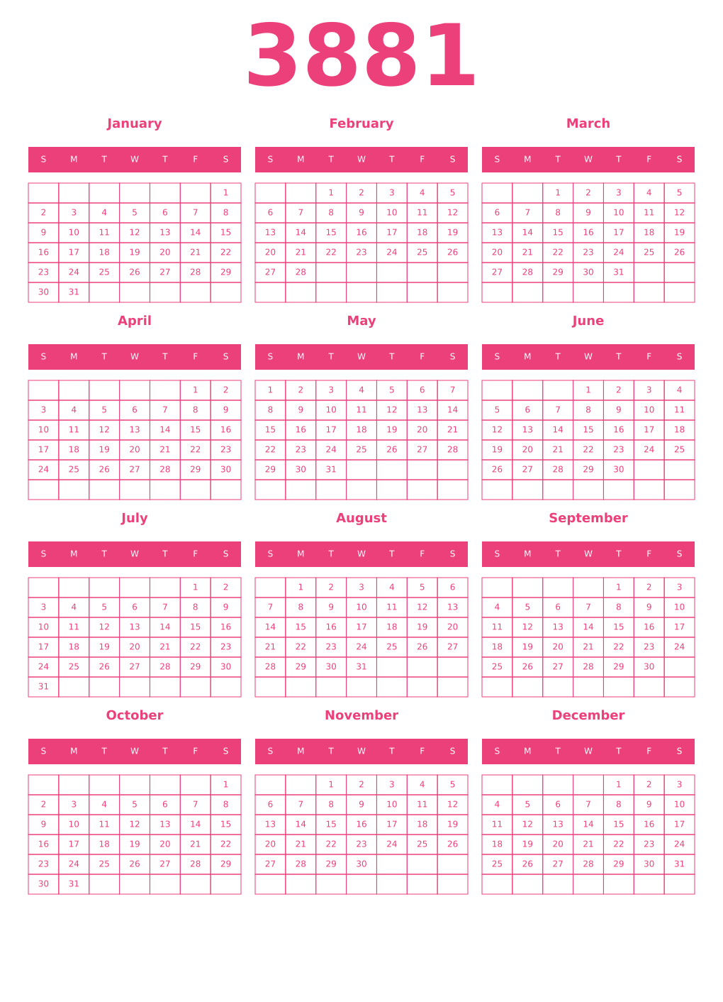 Printable 3881 Year Calendars pink