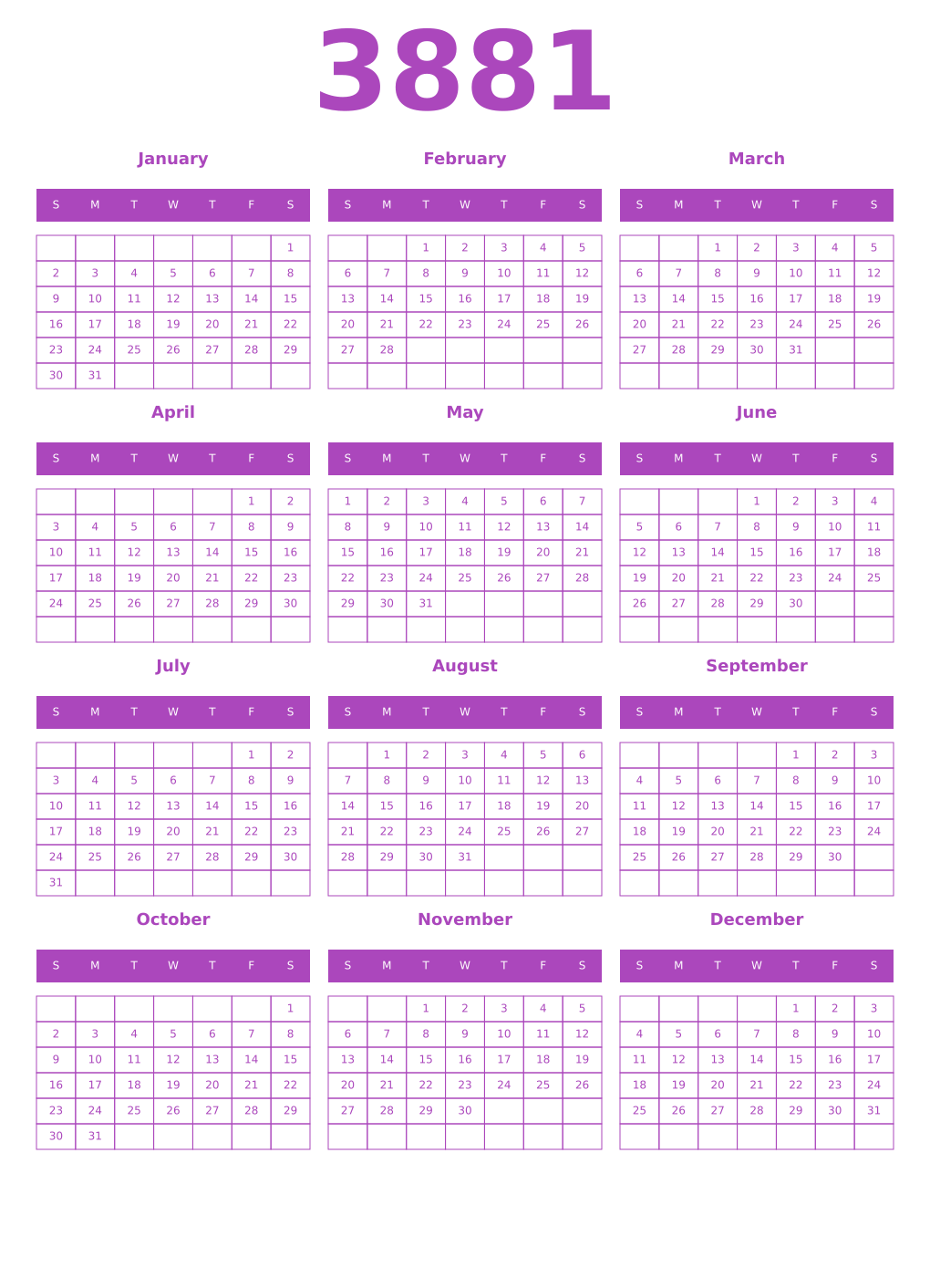 Printable 3881 Year Calendars purple