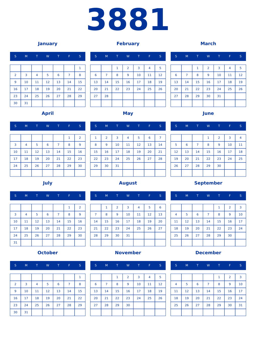 Printable 3881 Year Calendars smalt