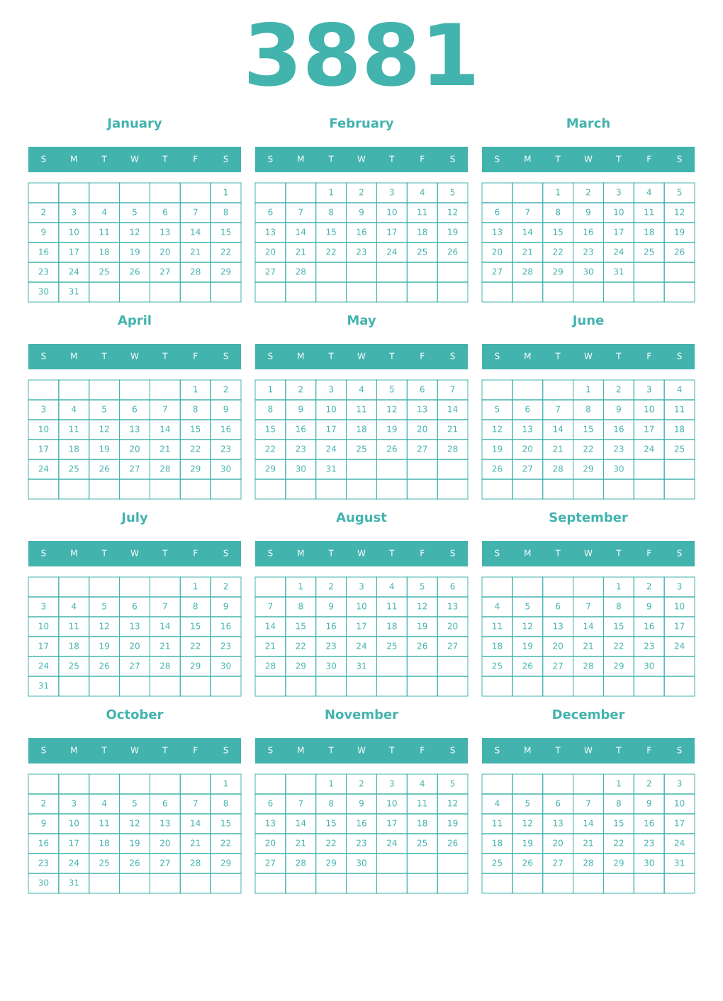 Printable 3881 Year Calendars verdigris