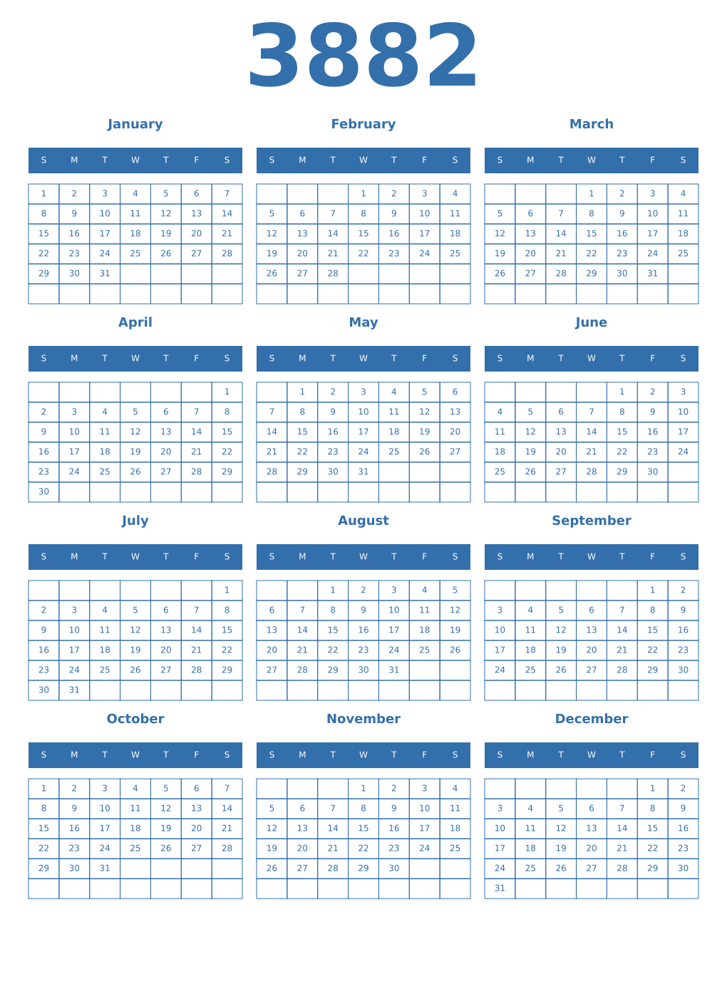 Printable 3882 Year Calendars blue