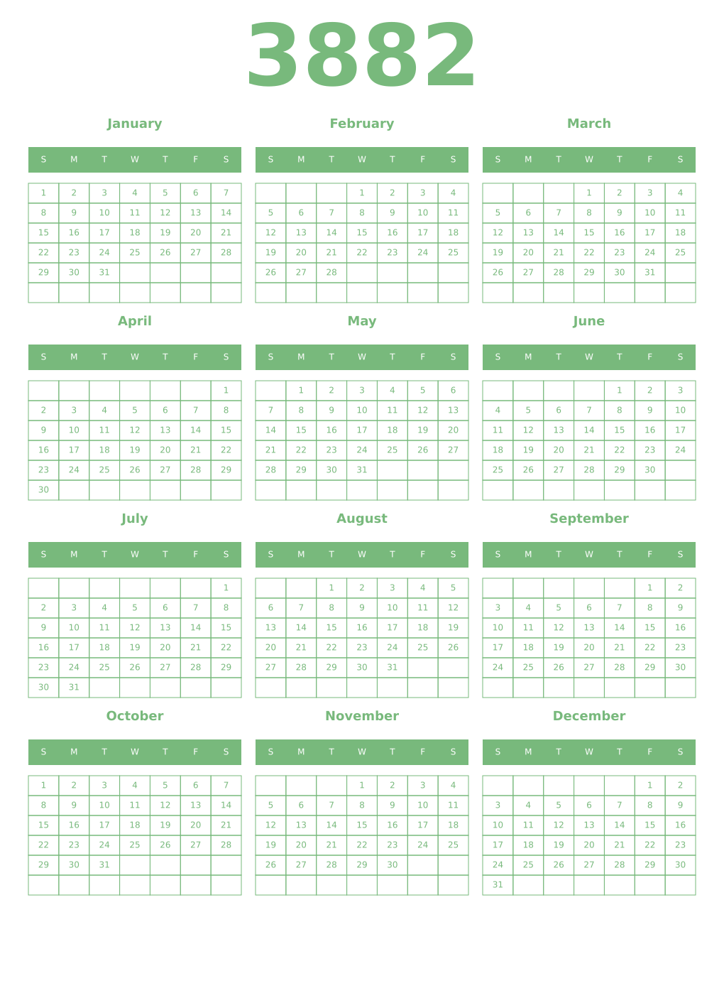Printable 3882 Year Calendars celadon