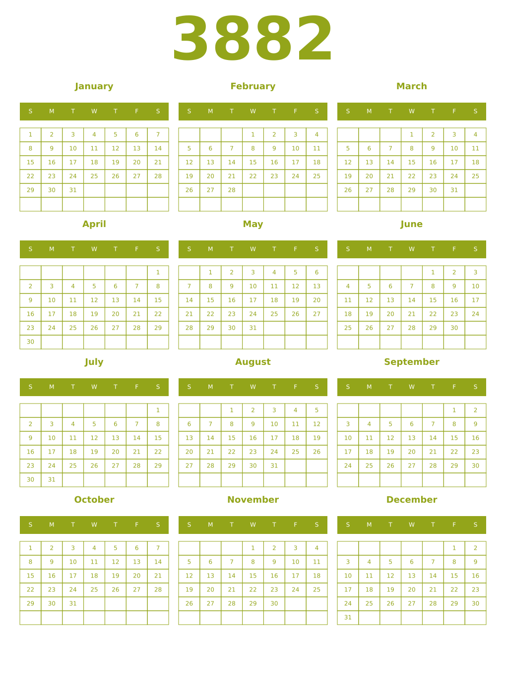 Printable 3882 Year Calendars chartreuse