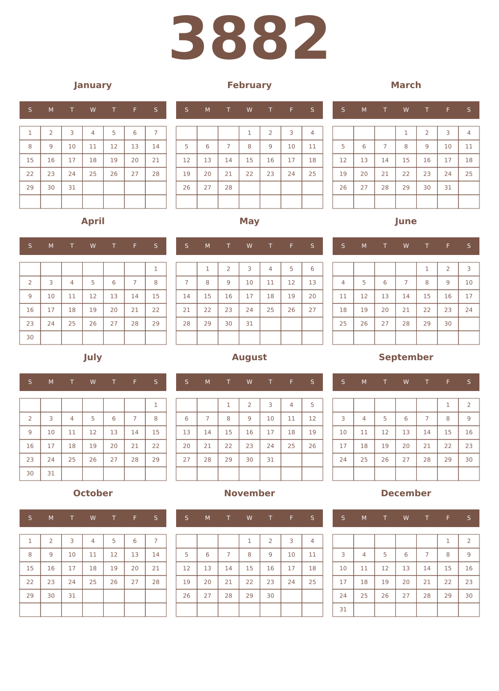 Printable 3882 Year Calendars coffe