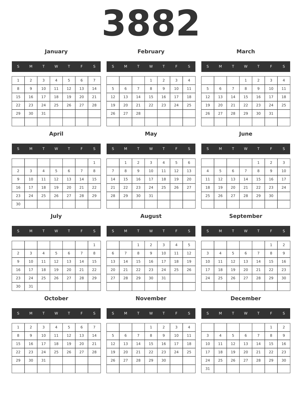 Printable 3882 Year Calendars dark