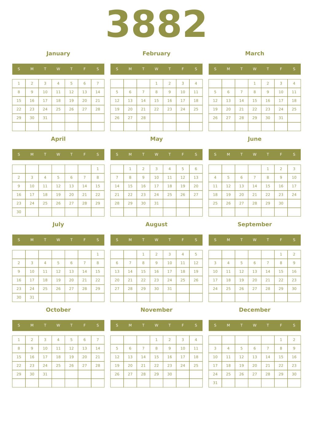 Printable 3882 Year Calendars eburnean