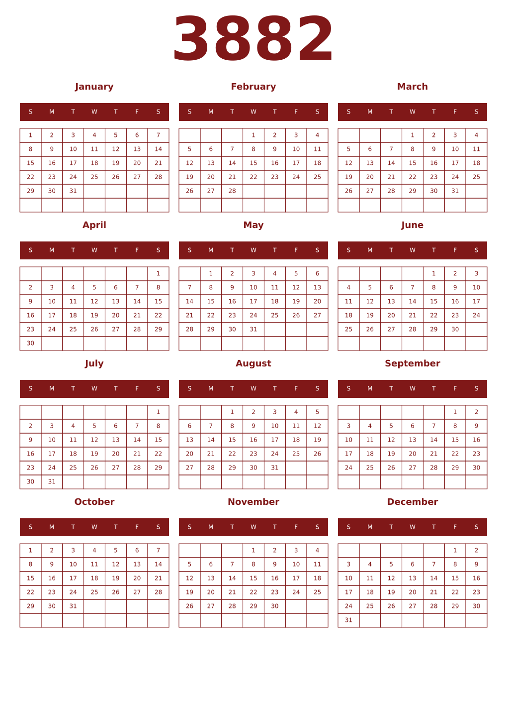 Printable 3882 Year Calendars falu