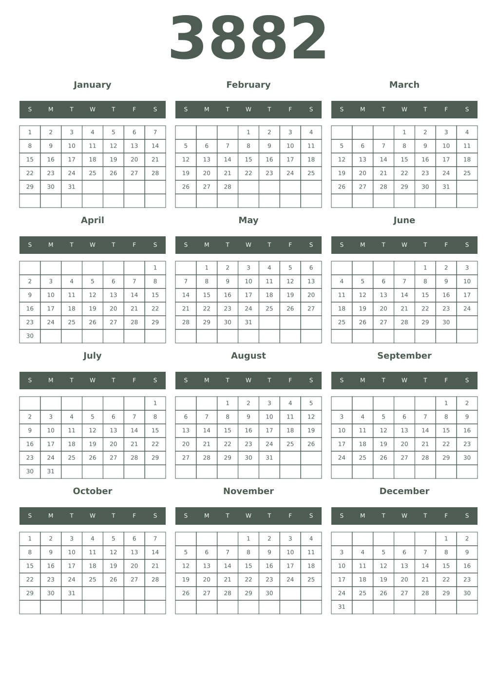 Printable 3882 Year Calendars feldgrau