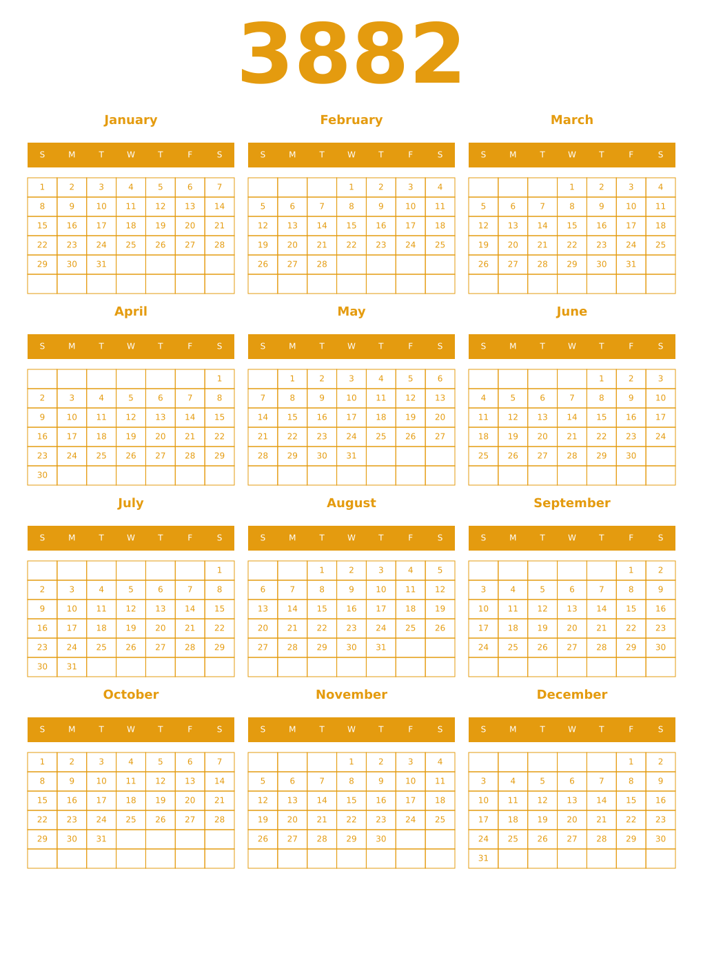 Printable 3882 Year Calendars gamboge
