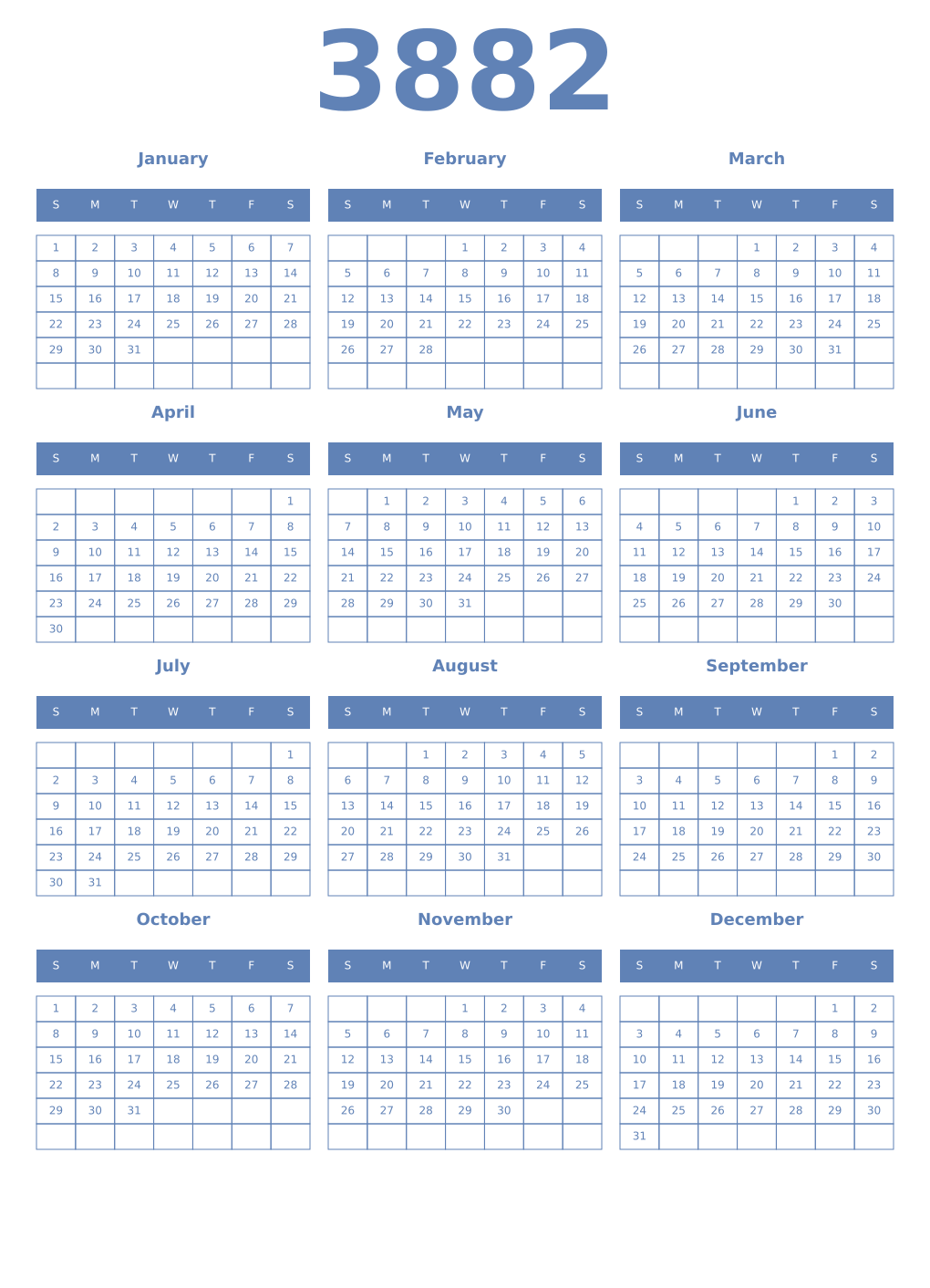 Printable 3882 Year Calendars glaucous