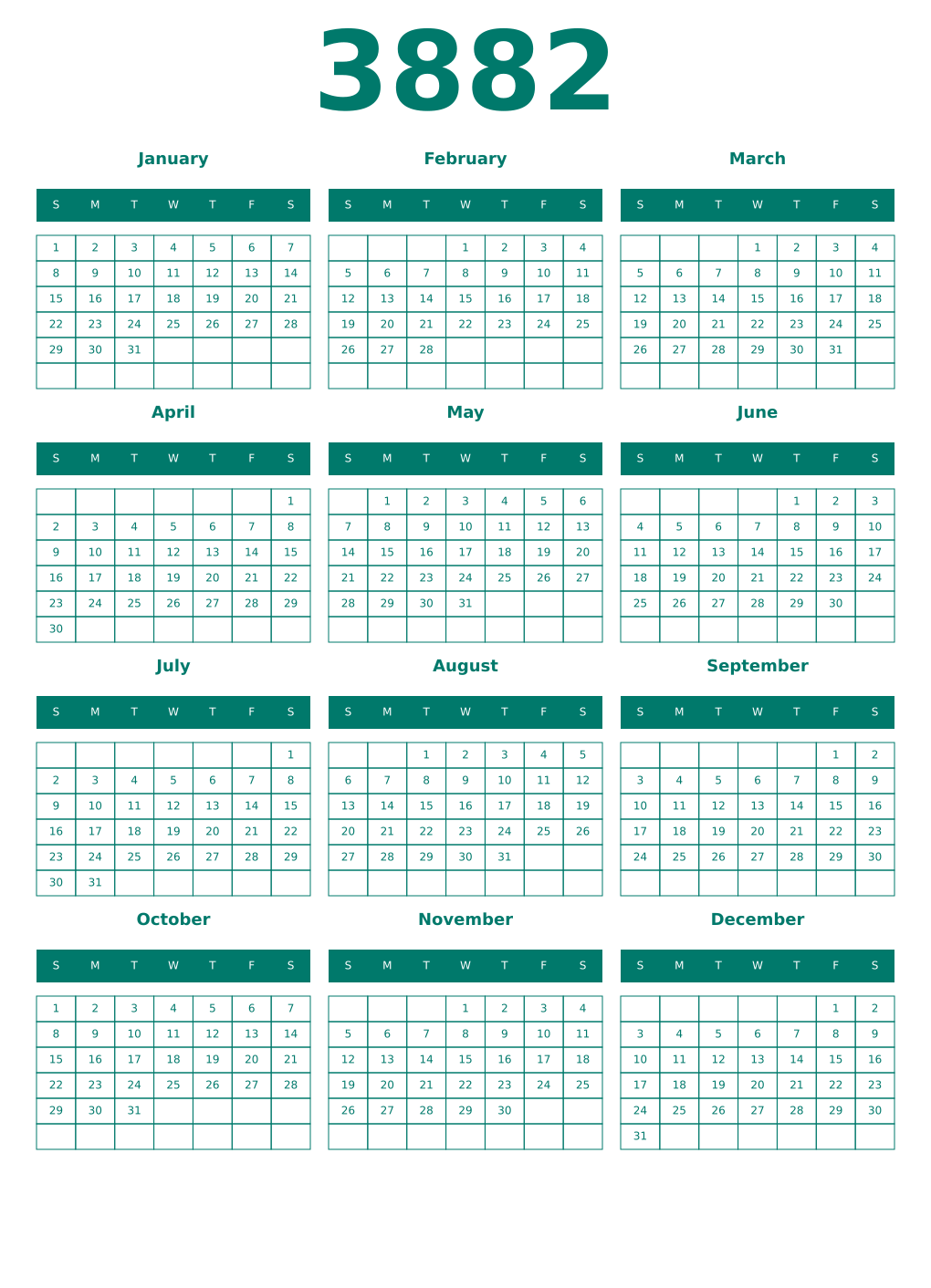 Printable 3882 Year Calendars pastel