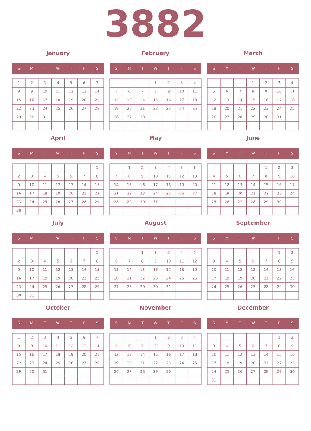 Printable 3882 Year Calendars puce