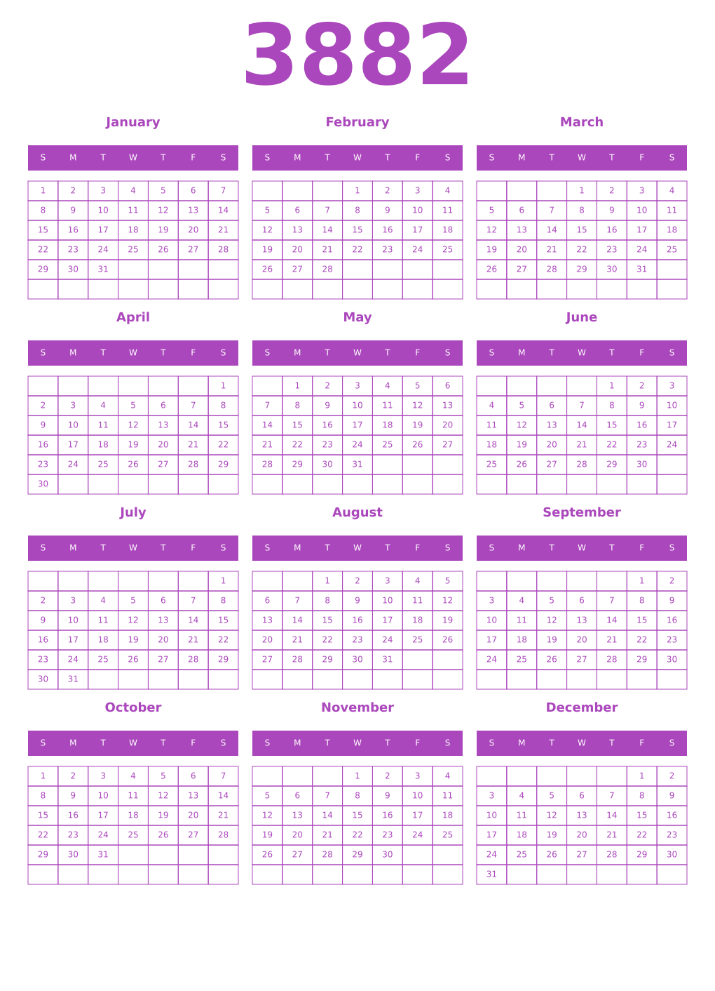 Printable 3882 Year Calendars purple