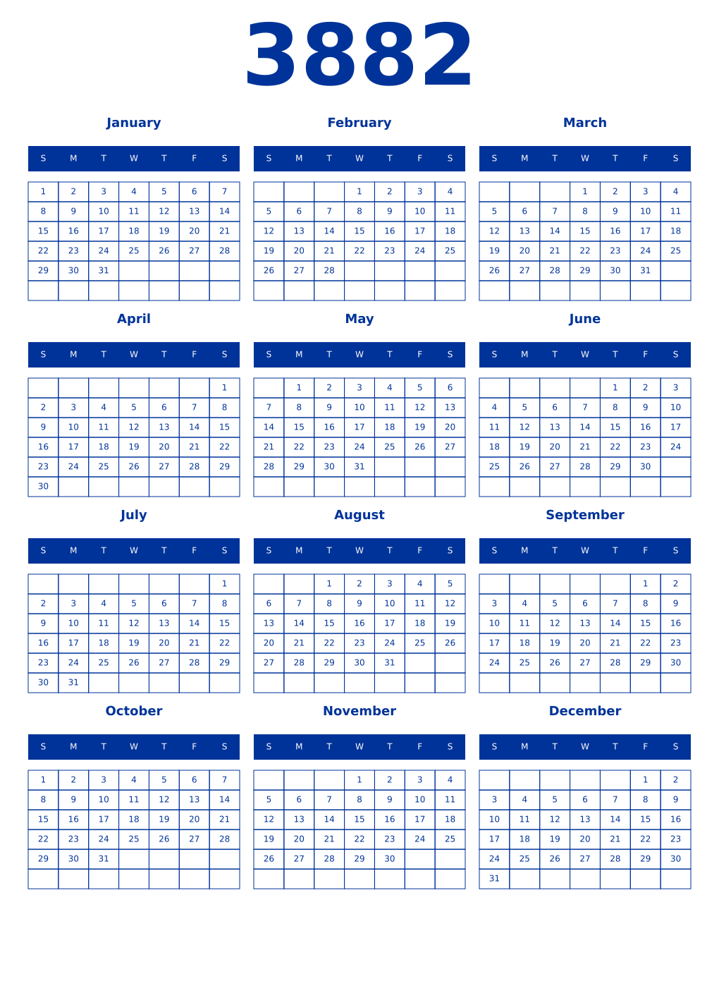 Printable 3882 Year Calendars smalt