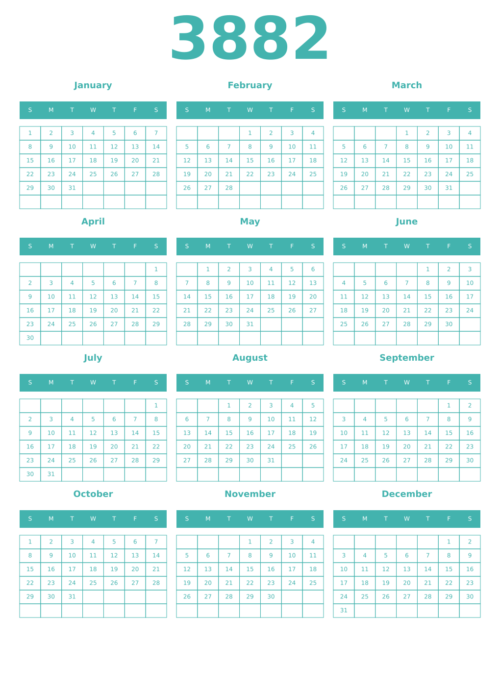 Printable 3882 Year Calendars verdigris