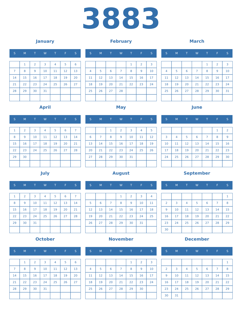 Printable 3883 Year Calendars blue