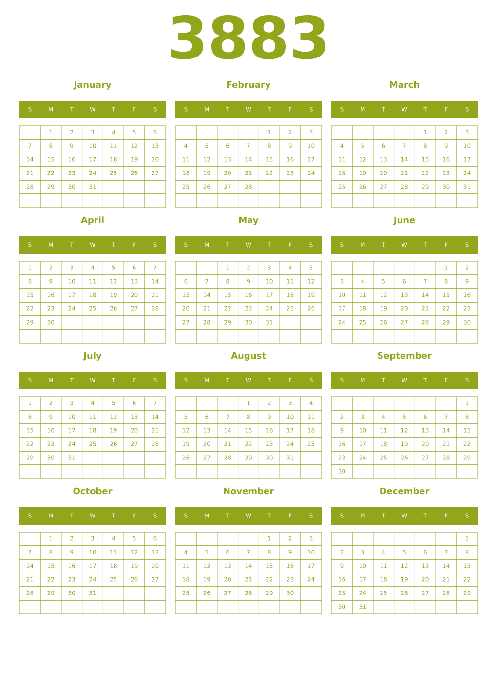 Printable 3883 Year Calendars chartreuse