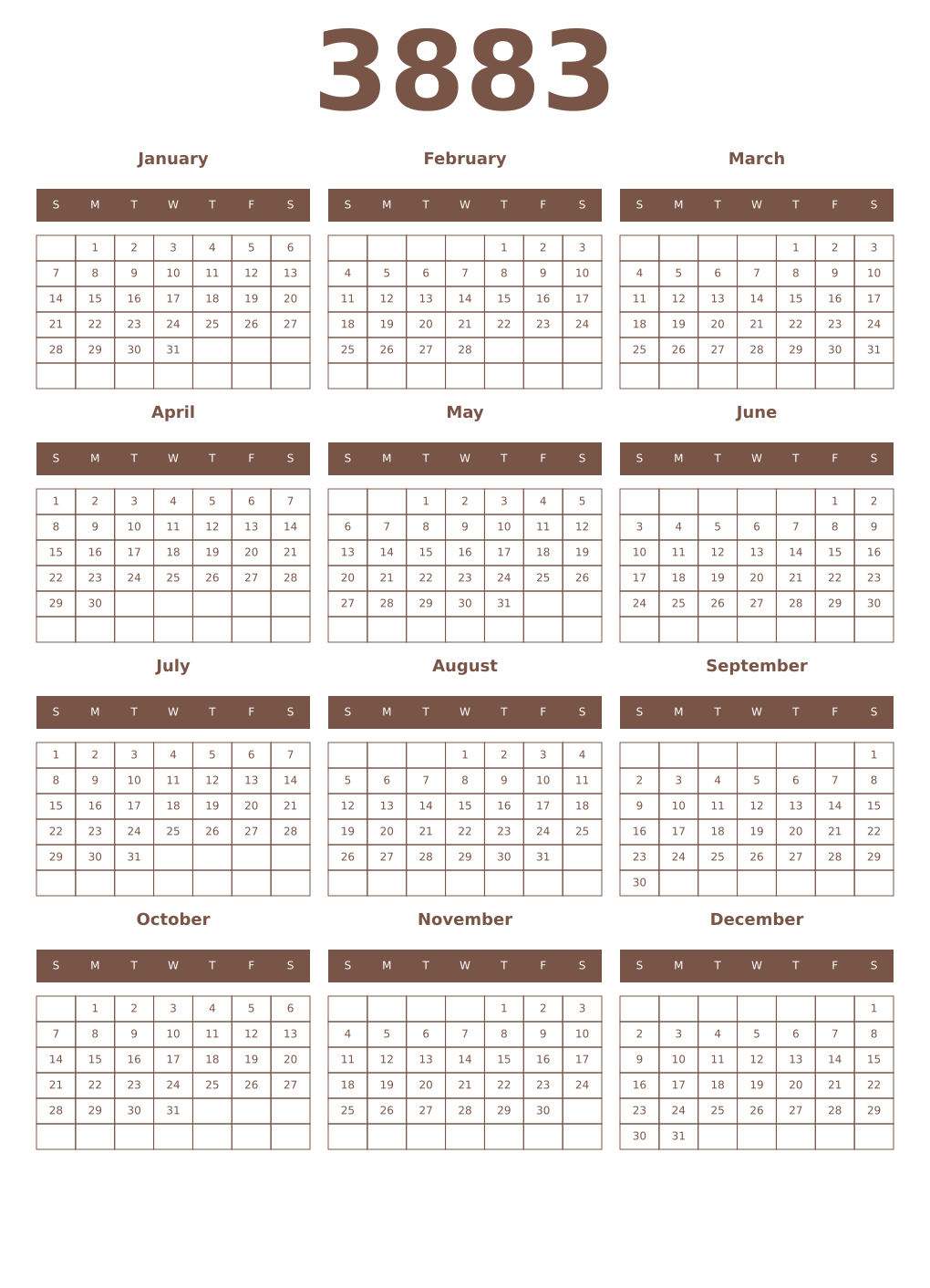 Printable 3883 Year Calendars coffe