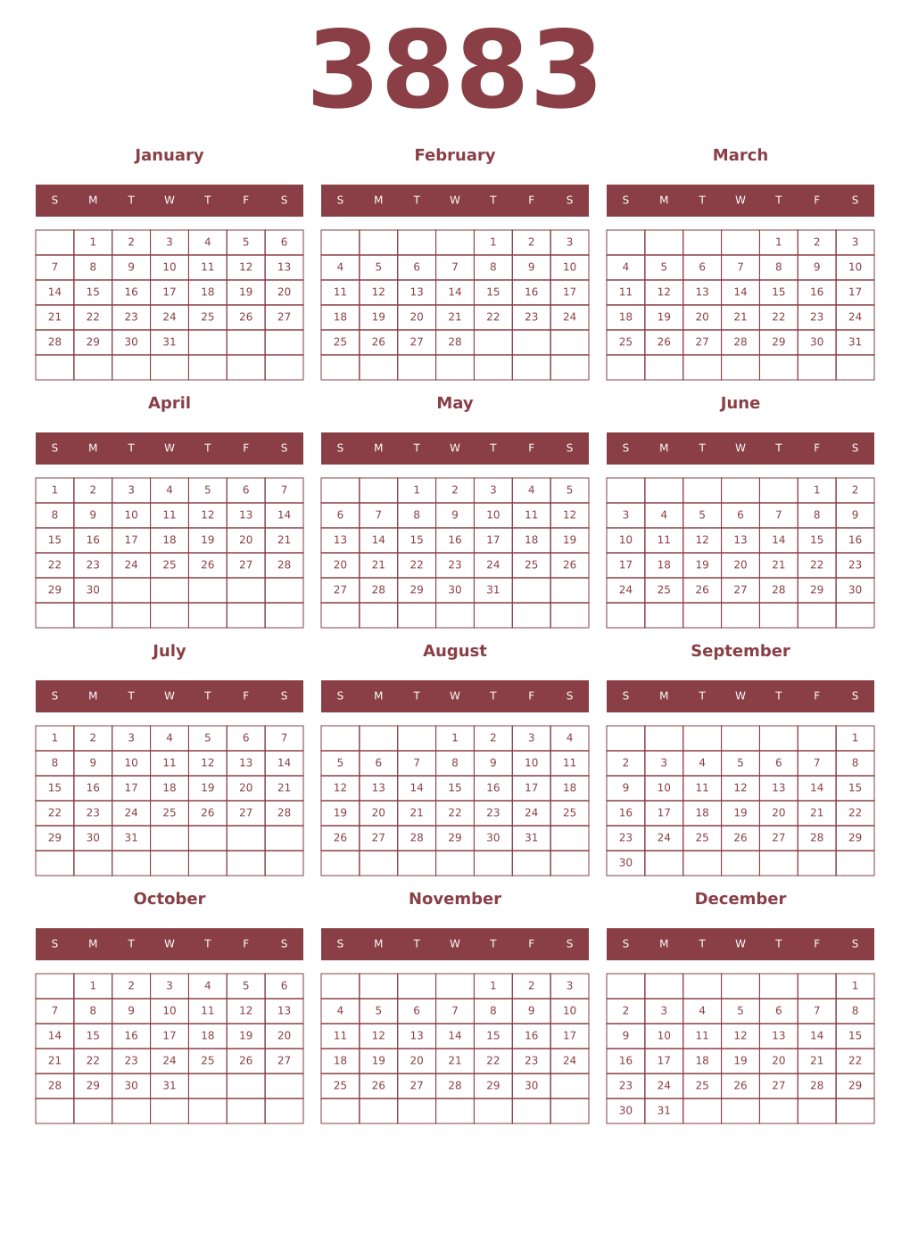 Printable 3883 Year Calendars cordovan