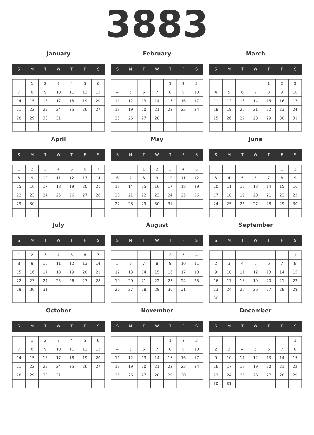 Printable 3883 Year Calendars dark