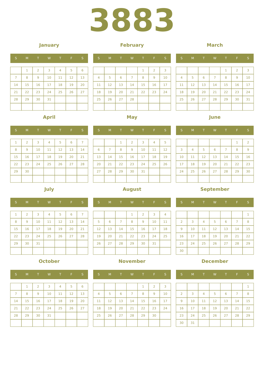 Printable 3883 Year Calendars eburnean