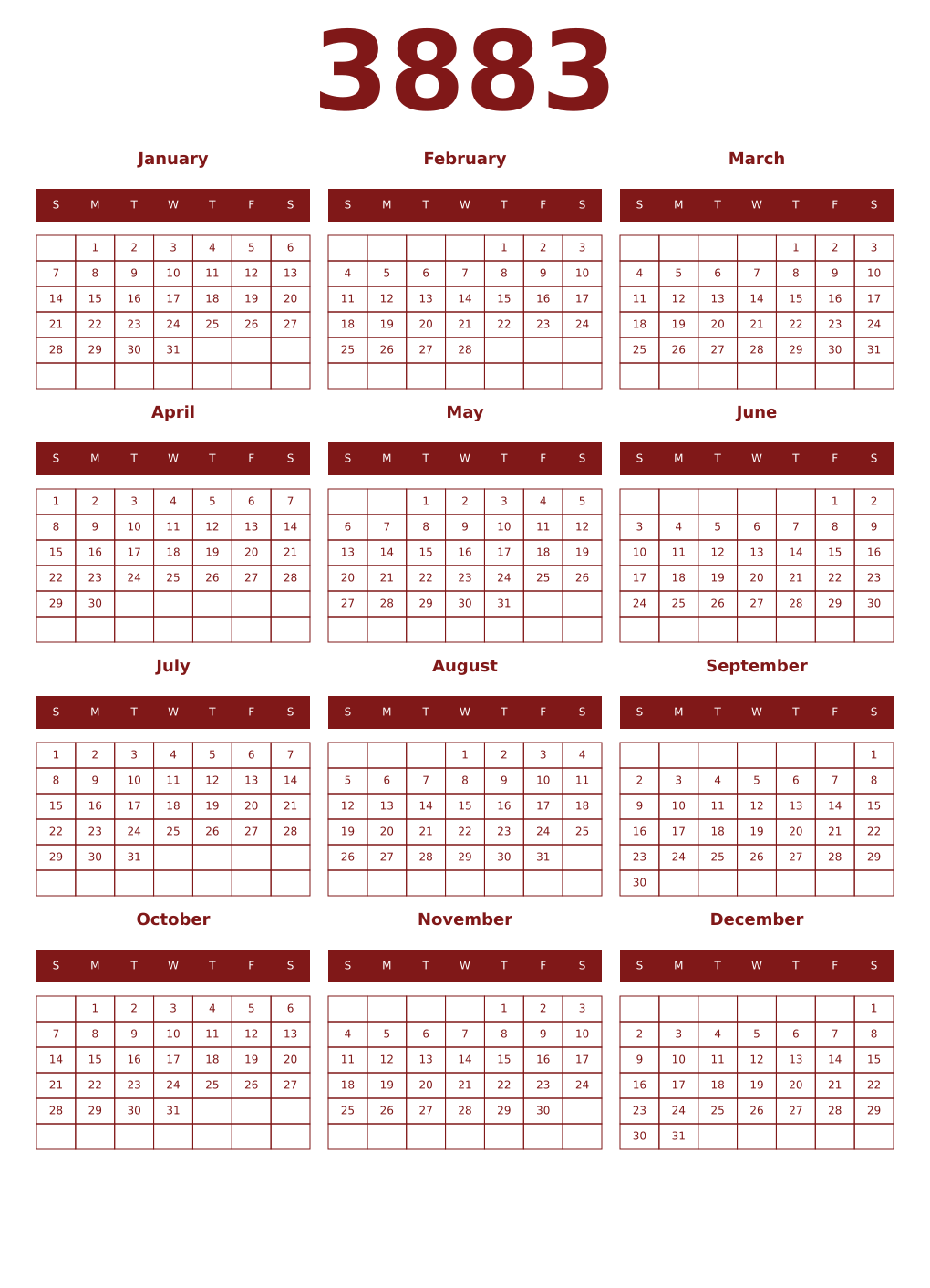 Printable 3883 Year Calendars falu