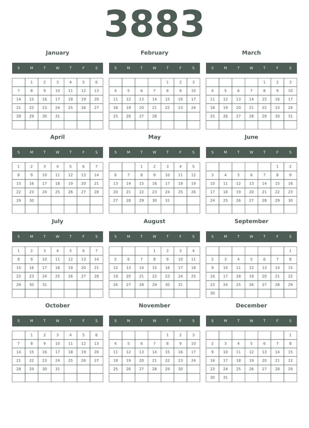 Printable 3883 Year Calendars feldgrau