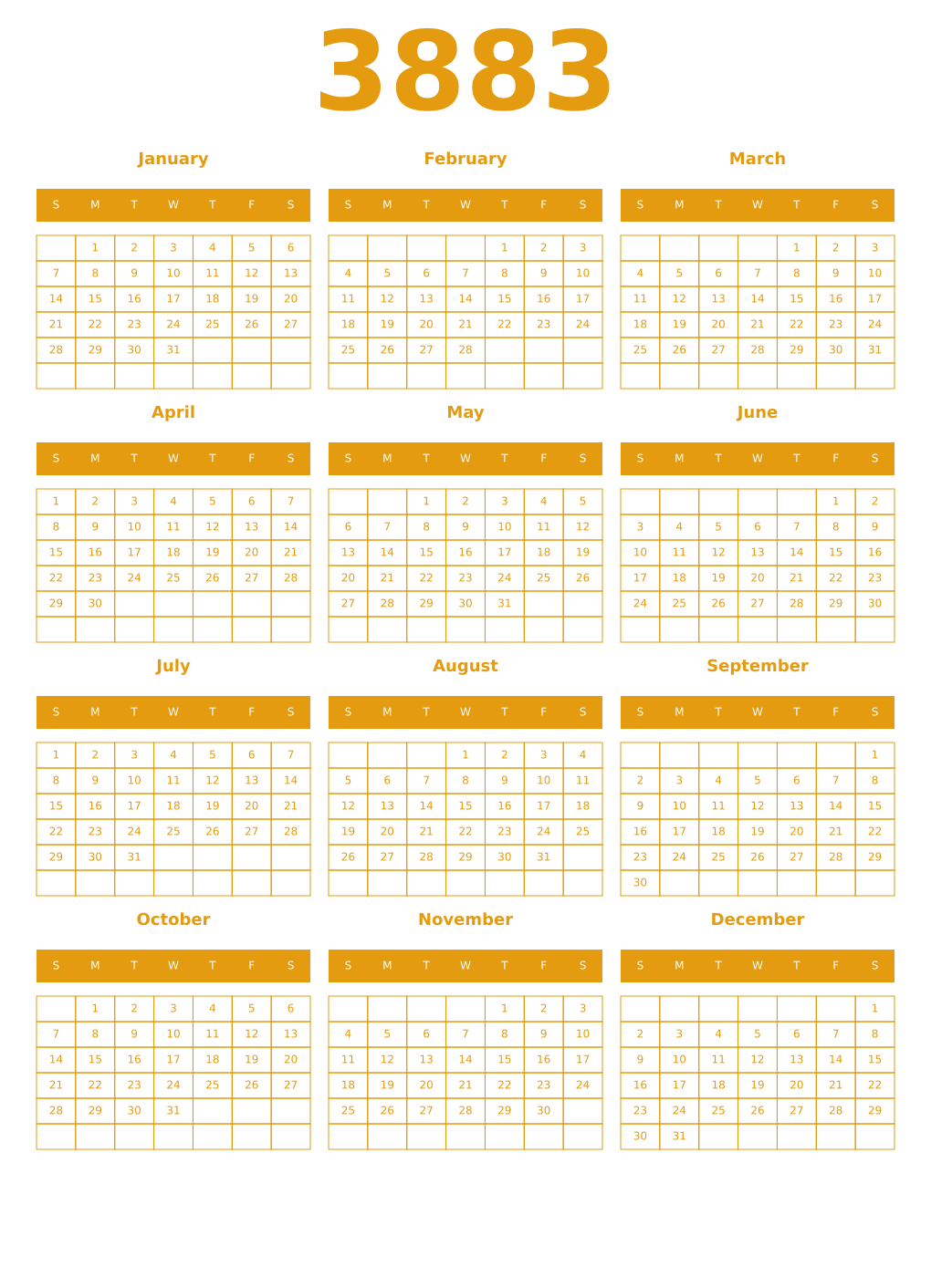 Printable 3883 Year Calendars gamboge