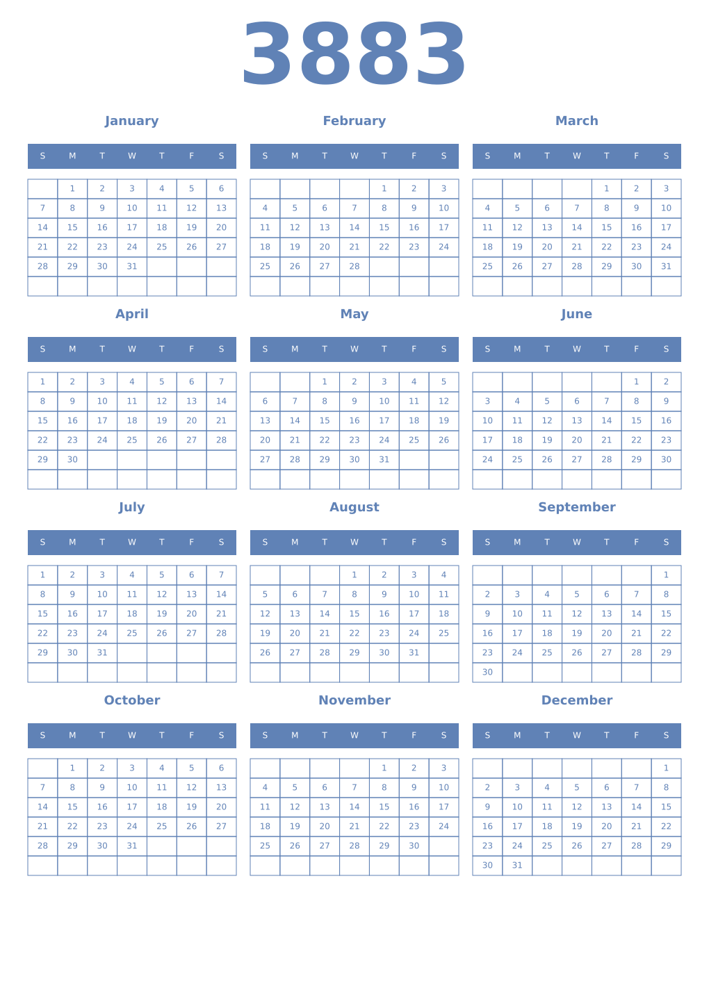 Printable 3883 Year Calendars glaucous