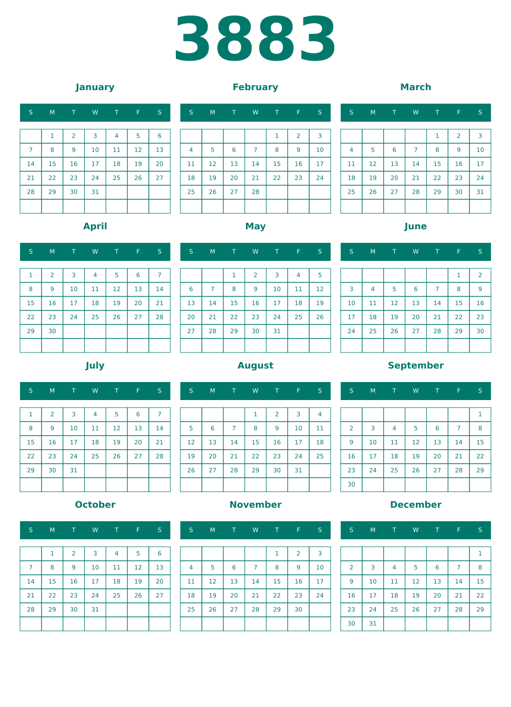 Printable 3883 Year Calendars pastel