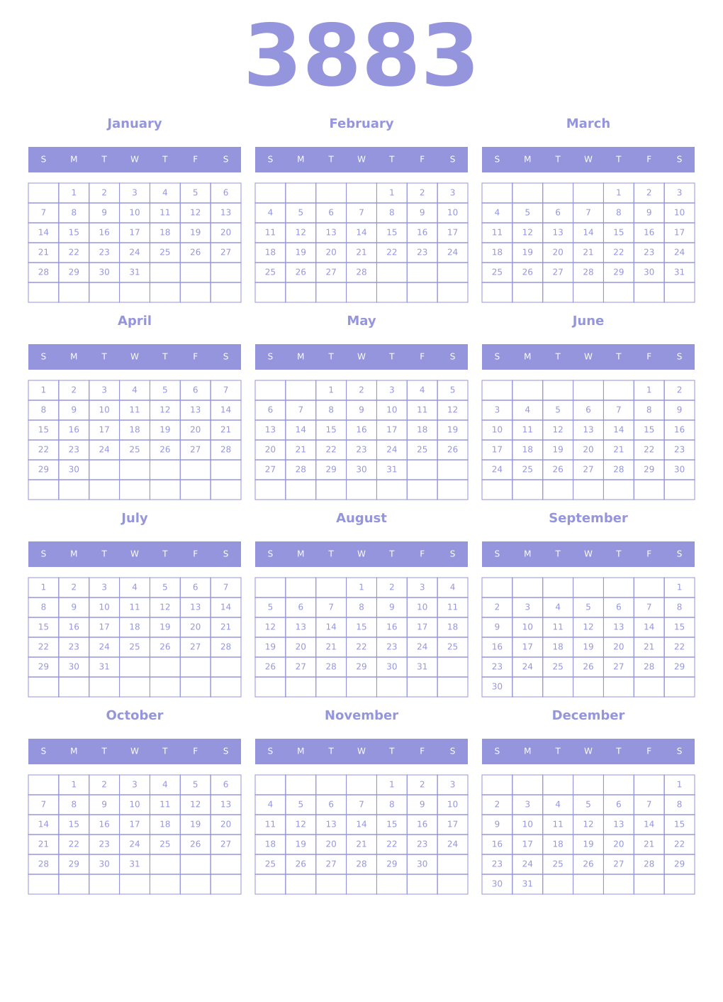 Printable 3883 Year Calendars periwinkle