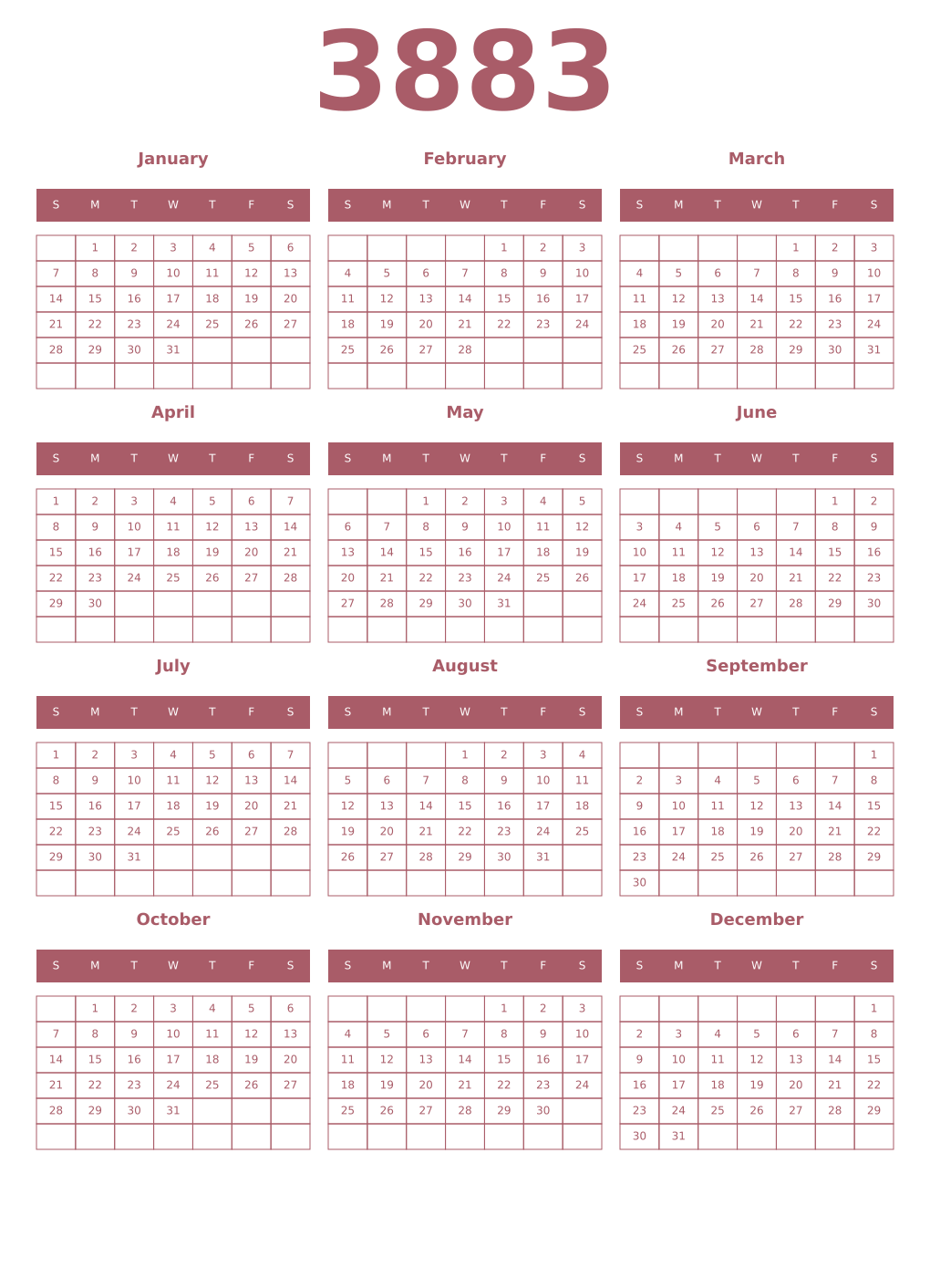 Printable 3883 Year Calendars puce