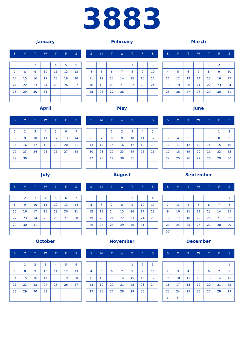 Printable 3883 Year Calendars smalt