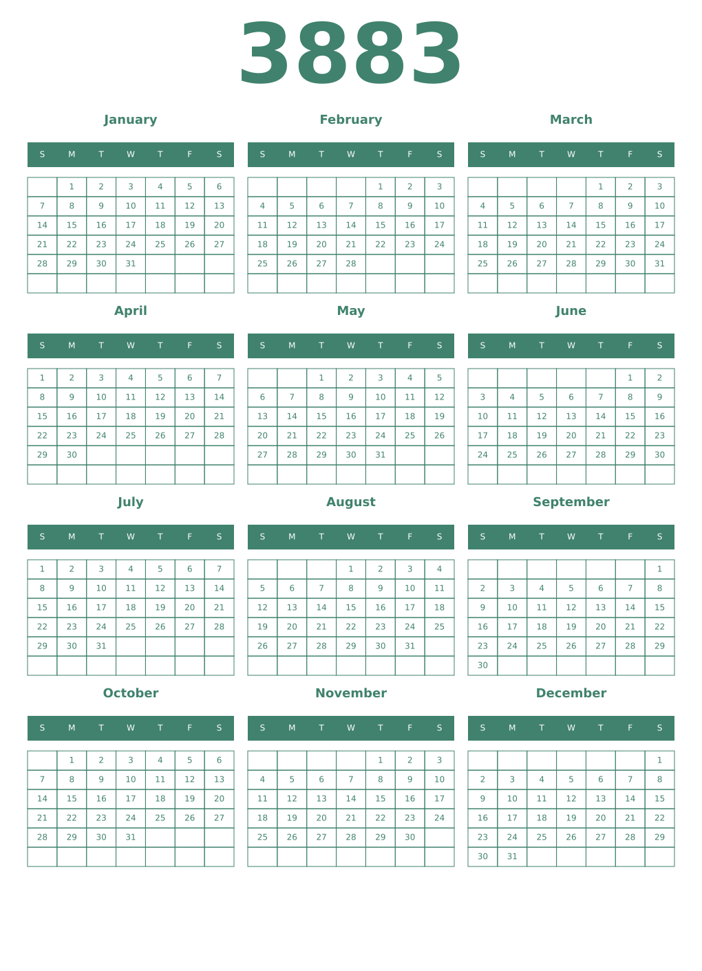 Printable 3883 Year Calendars viridian
