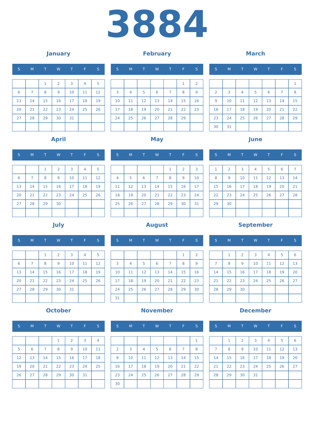 Printable 3884 Year Calendars blue