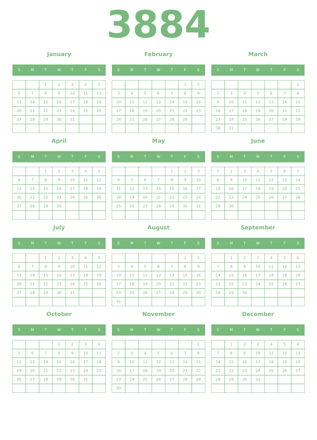 Printable 3884 Year Calendars celadon