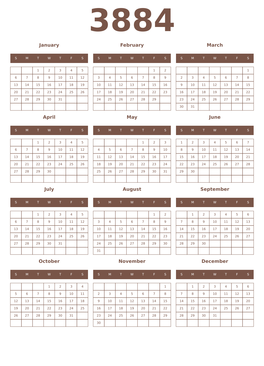 Printable 3884 Year Calendars coffe